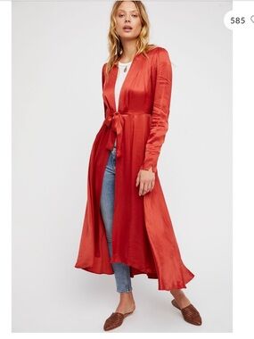 Free People Satin Tie-Waist Marilyn Duster Coat in Rust Red
